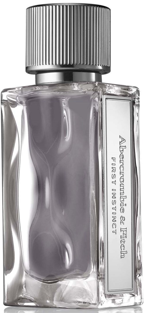En tydlig, rektangulär glasflaska med ett silver, ribbat lock, märkt "Abercrombie & Fitch".