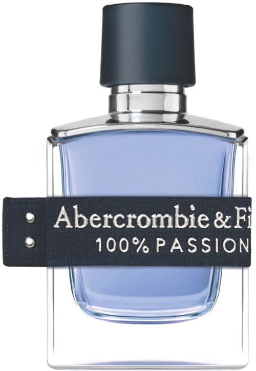Hajusteetölakki, jossa on sininen etiketti, jossa lukee 'Abercrombie & Fitch 100% Passion'.