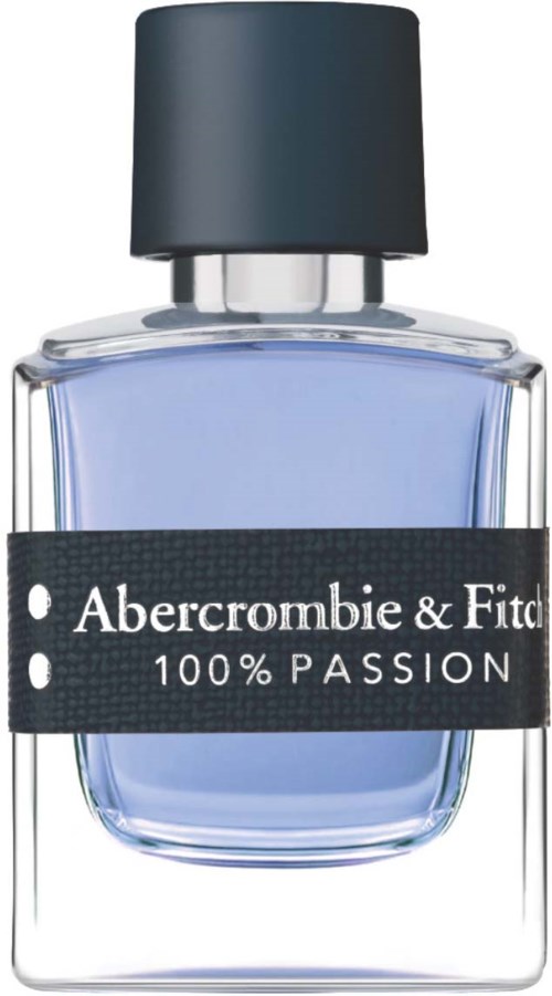 Hajuvesi pullo, jossa on musta kansi, vaaleansininen neste ja musta tarra, jossa lukee "Abercrombie & Fitch 100% Passion."