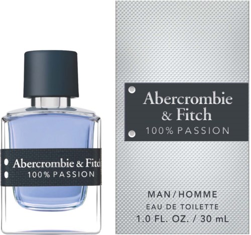 Parfyymipullo ja laatikon tekstissä 'Abercrombie & Fitch 100% Passion' miehille, tumma kansi ja sininen neste.