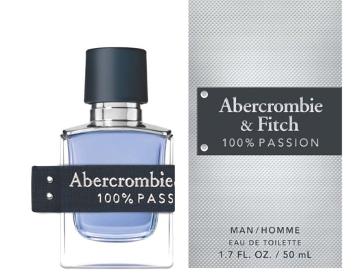 Een parfumfles met een donker deksel, en een doos met het Abercrombie & Fitch-logo en geurgegevens.