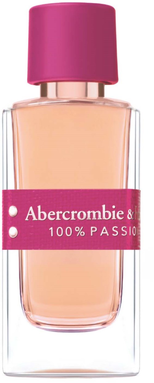 Eau de parfyymipullo, jossa pinkki korkki ja etiketti, sisältää vaalean persikan väristä tuoksua, ja merkki Abercrombie & 100% PASSION.