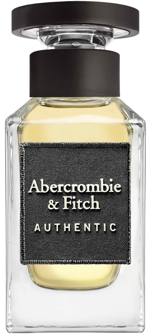 En parfyllflaska med svart lock, klart glas och en svart etikett som säger 'Abercrombie & Fitch Authentic.'