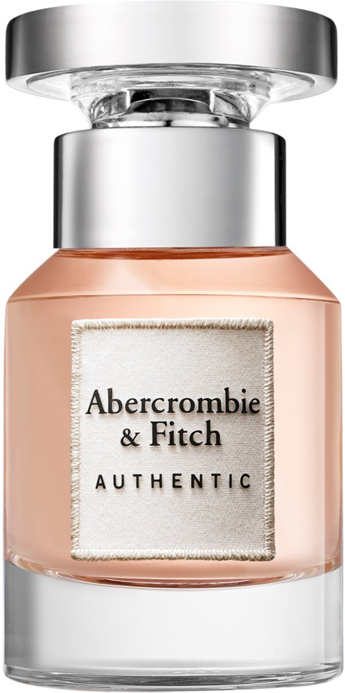 Een parfumfles van Abercrombie & Fitch Authentic met beige vloeistof, glas en zilverkleurige dop.