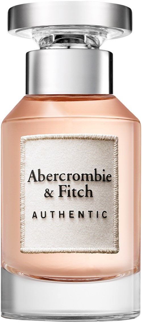 En rosa parfymflaska med ett klart lock och en vit etikett med texten Abercrombie & Fitch Authentic.