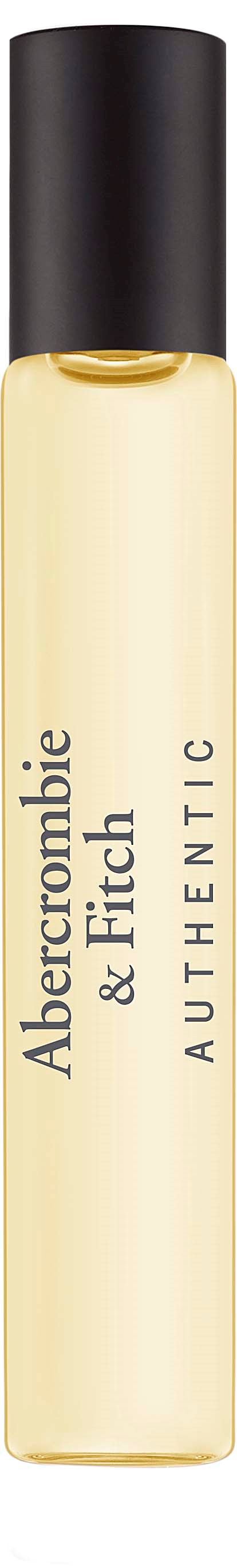 En parfyllflaska med svart lock och ljusgul vätska, märkt Abercrombie & Fitch Authentic.