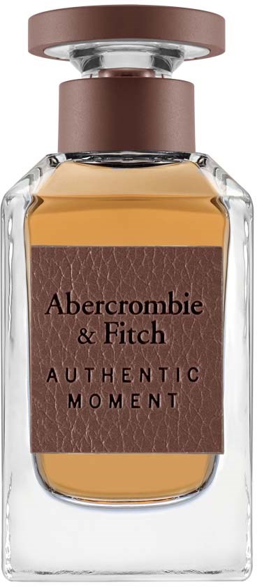 Een parfumfles met een roze dop en een label met de tekst Abercrombie & Fitch Authentic Moment.