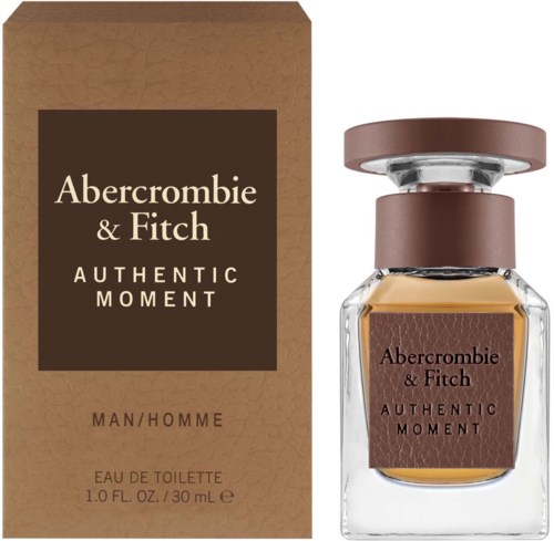 Eau de toiletfles naast de doos, met label Abercrombie & Fitch, Authentic Moment, 30 ml.