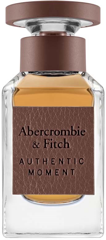 Een parfumfles met label 'Abercrombie & Fitch Authentic Moment' met een bruine dop en lichtbruine vloeistof.