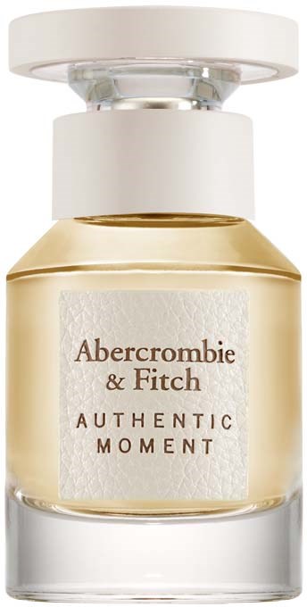 Een parfumfles met witte dop en een beige label met de tekst Abercrombie & Fitch, Authentic Moment.