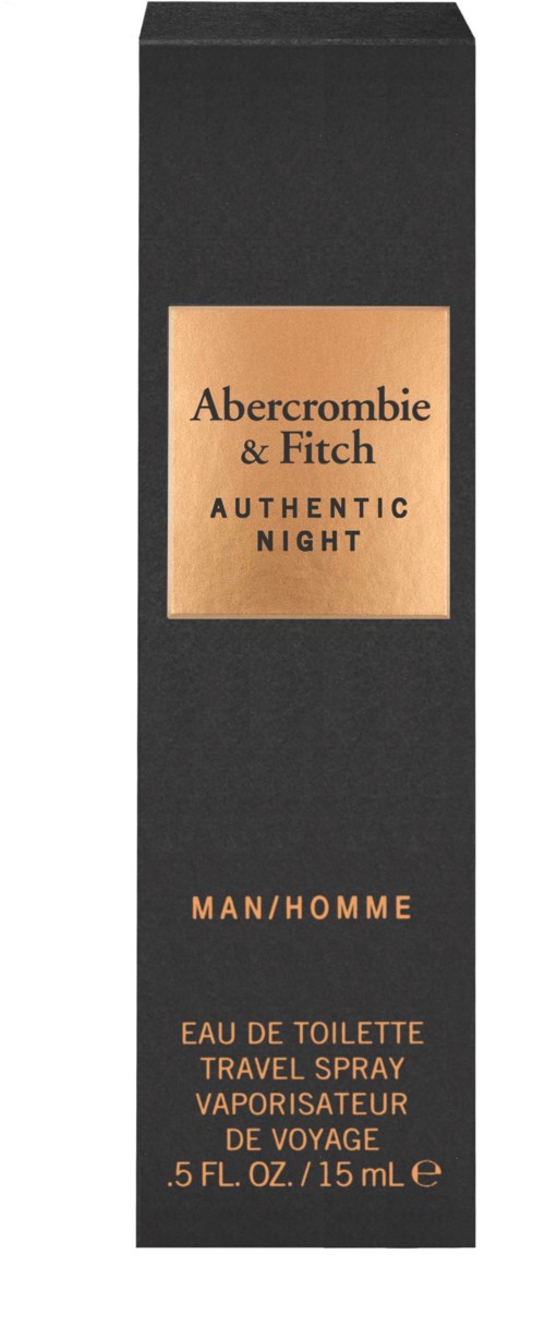 Svart förpackning med gyllene etikett som säger Abercrombie & Fitch, Authentic Night, Man, Eau de Toilette, resepray.