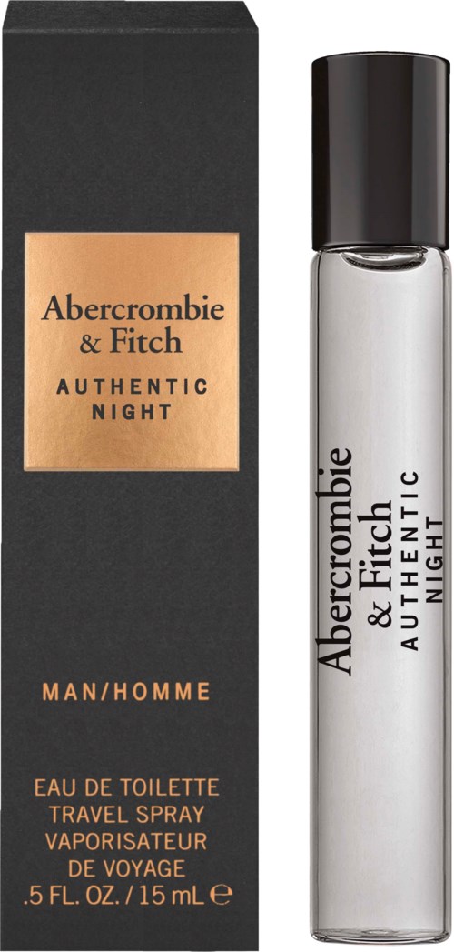 En svart förpackning och en klar sprayflaska med svart lock, visar Abercrombie & Fitch Authentic Night-parfym.