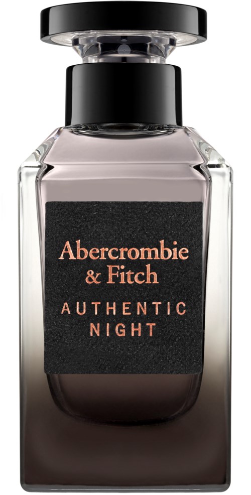 Een parfumfles met label Abercrombie & Fitch Authentic Night, zwarte dop en doorzichtige glazen fles.
