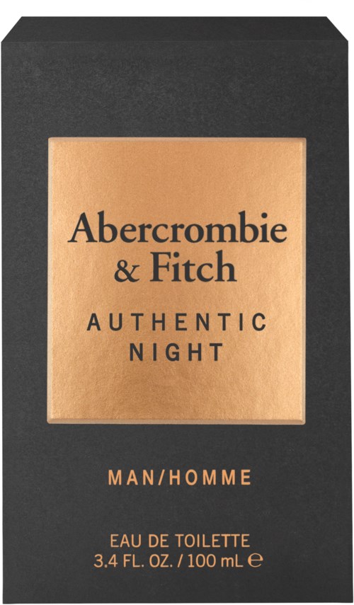 Een zwarte doos met een beige label toont Abercrombie & Fitch Authentic Night parfum voor mannen, 100 ml, in het Engels.