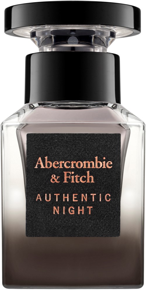 Een parfumfles met zwarte dop, doorzichtig glazen lichaam en etiket met de tekst Abercrombie & Fitch Authentic Night.