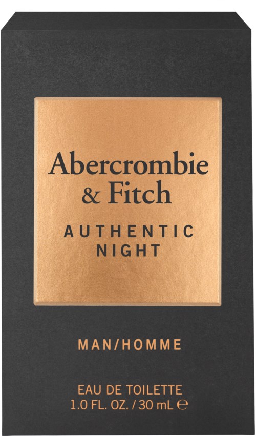 Een zwart doosje met een goudkleurig etiket toont Abercrombie & Fitch Authentic Night herengeur, 30 ml.