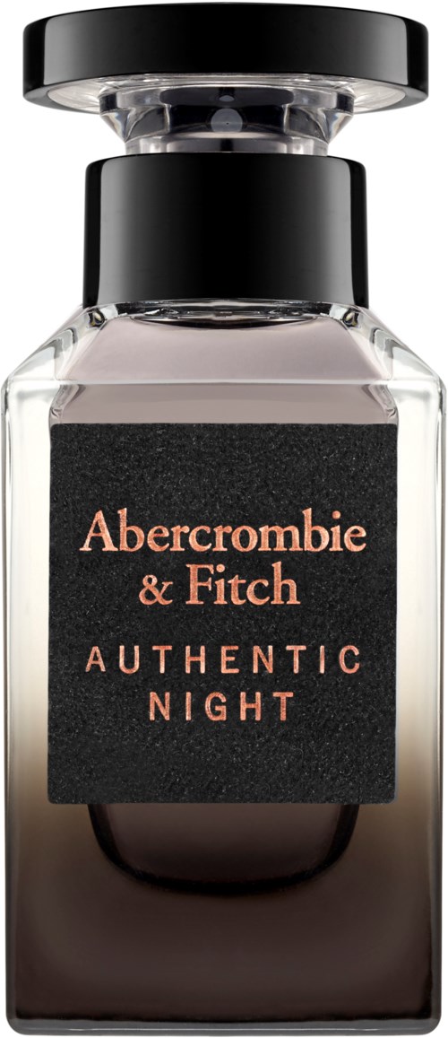 Parfumfles met label Abercrombie & Fitch, Authentic Night, met zwarte dop en doorzichtig glas.