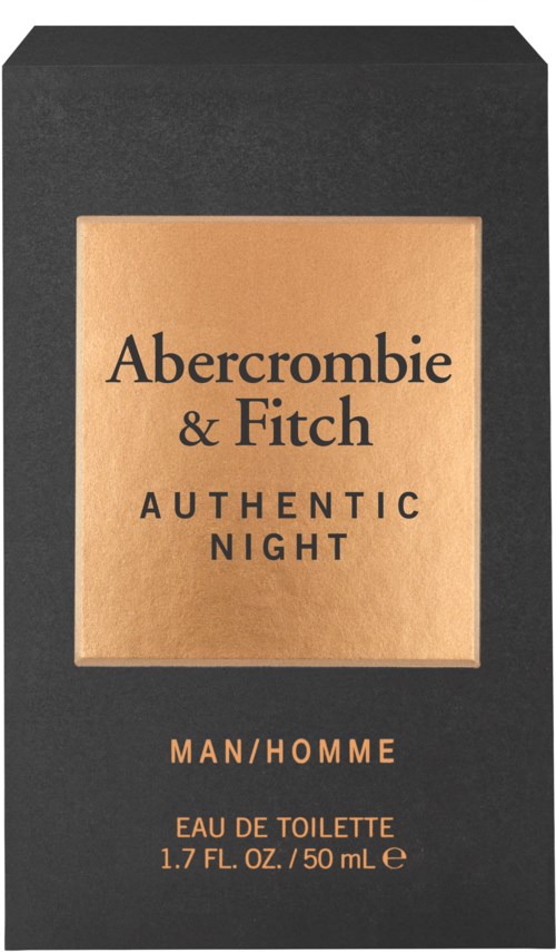 Een zwart doosje met een beige label met details van Abercrombie & Fitch Authentic Night-parfum.