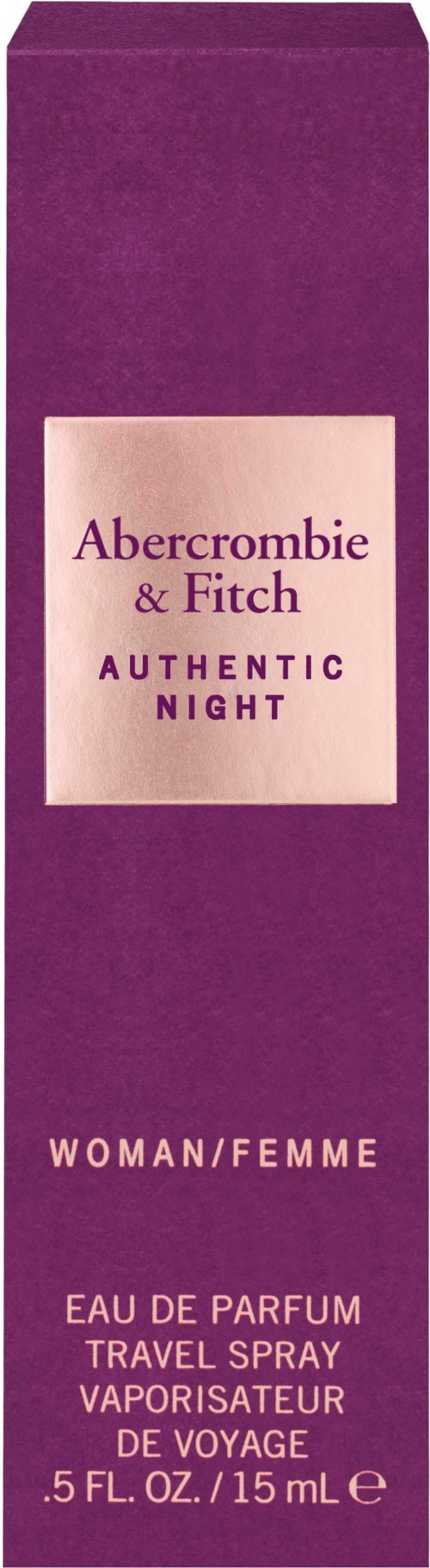Lila box med Abercrombie & Fitch-logotyp, nämner Authentic Night-parfym, för kvinnor, 15 ml.