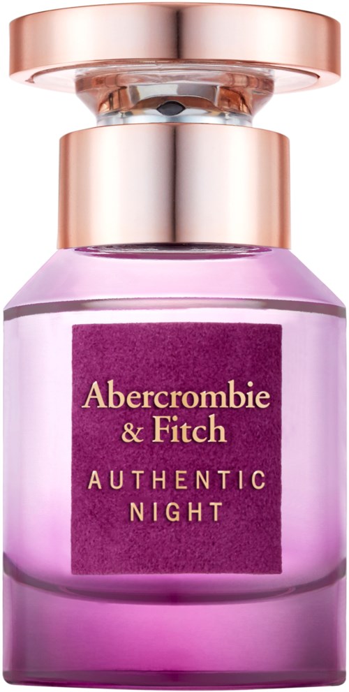 Een paarse parfumfles met roze dop, gelabeld "Abercrombie & Fitch AUTHENTIC NIGHT."