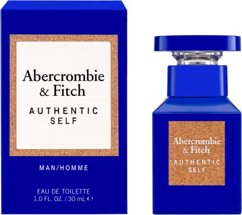 Blauwe fles en doos met Abercrombie & Fitch branding, gelabeld 'Authentic Self', voor mannen, parfum.
