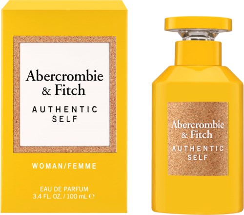 Een gele parfumdoos en fles met witte labels en tekst voor Abercrombie & Fitch's authentieke parfum.