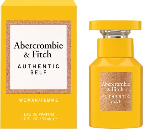 Gele verpakkingsdoos en fles voor Abercrombie & Fitch Authentic Self parfum, voor vrouwen, met tekst op de verpakking.