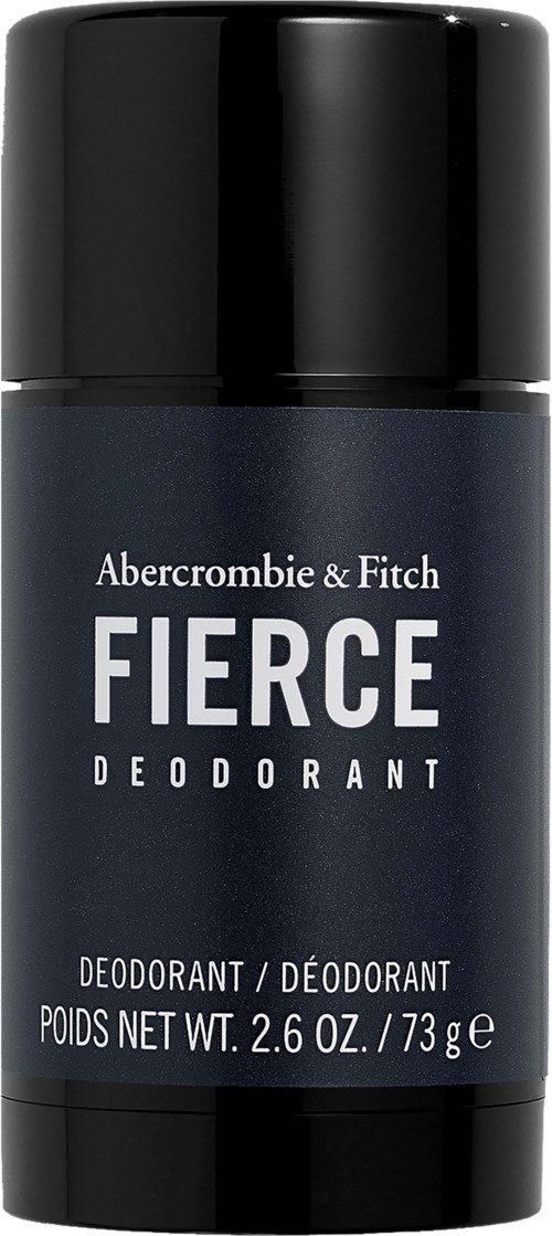 Donkerblauwe deodorantstift met zwarte dop, labeled 'FIERCE' door Abercrombie & Fitch, gewicht 2.6 oz.