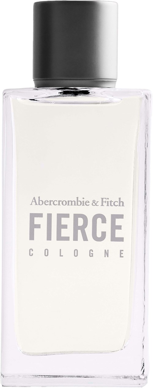Een duidelijke fles Abercrombie & Fitch Fierce Cologne met een zilveren dop.