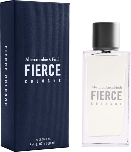Blauwe doos en helder flesje Fierce cologne, met grijs deksel, van Abercrombie & Fitch.