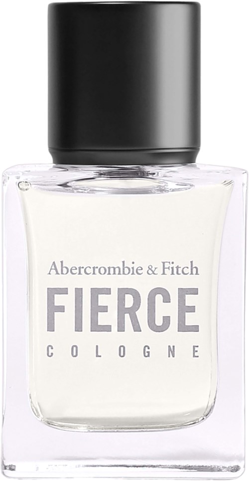 Een heldere parfumfles met zwarte dop, gelabeld Fitch Fierce Cologne door Abercrombie & Fitch.