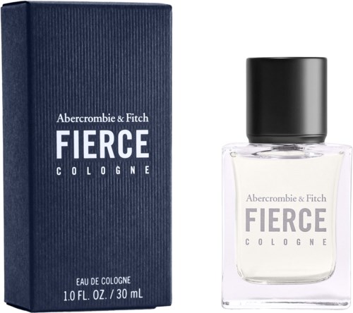 Een doos en fles van Abercrombie & Fitch Fierce Cologne, met een donkerblauwe doos en een duidelijke glazen fles met zwarte dop.