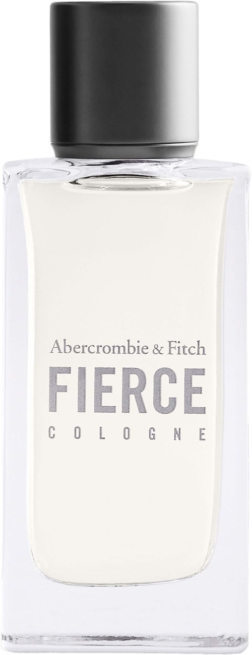 Een heldere parfumfles met zwarte dop, gelabeld 'Abercrombie & Fitch FIERCE COLOGNE'.