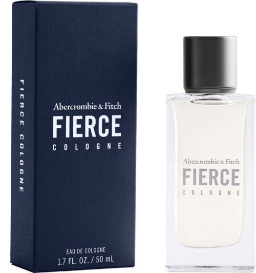 Een parfumfles en doos met blauw en wit, gemerkt Abercrombie & Fitch FIERCE Cologne.