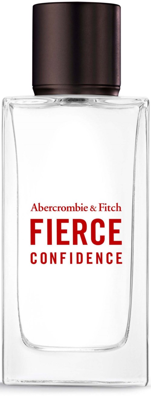 A clear glass bottle labeled Fierce Confidence by Abercrombie & Fitch with a black cap.