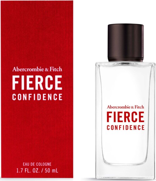 A perfume bottle and box with red and white labels saying Fierce Confidence by Abercrombie & Fitch.