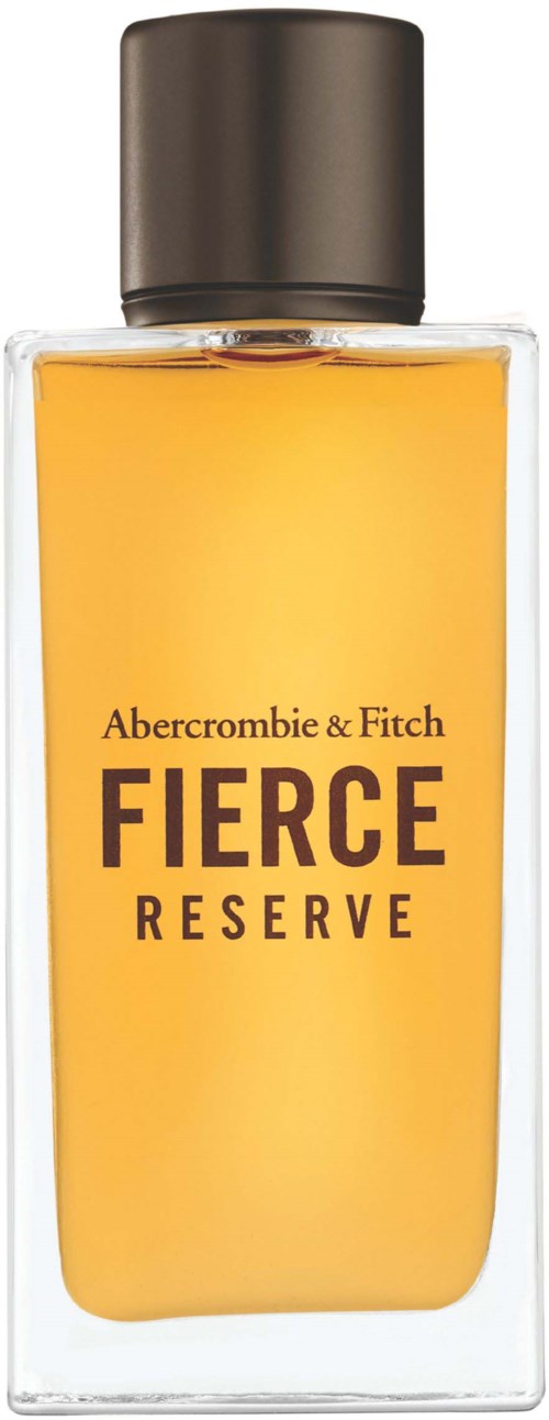 Een fles Abercrombie & Fitch Fierce Reserve parfum met gele vloeistof en een zwarte dop.
