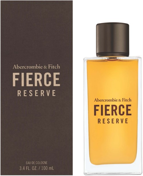 Een parfumfles en doos worden getoond, gemarkeerd Fierce Reserve door Abercrombie & Fitch.
