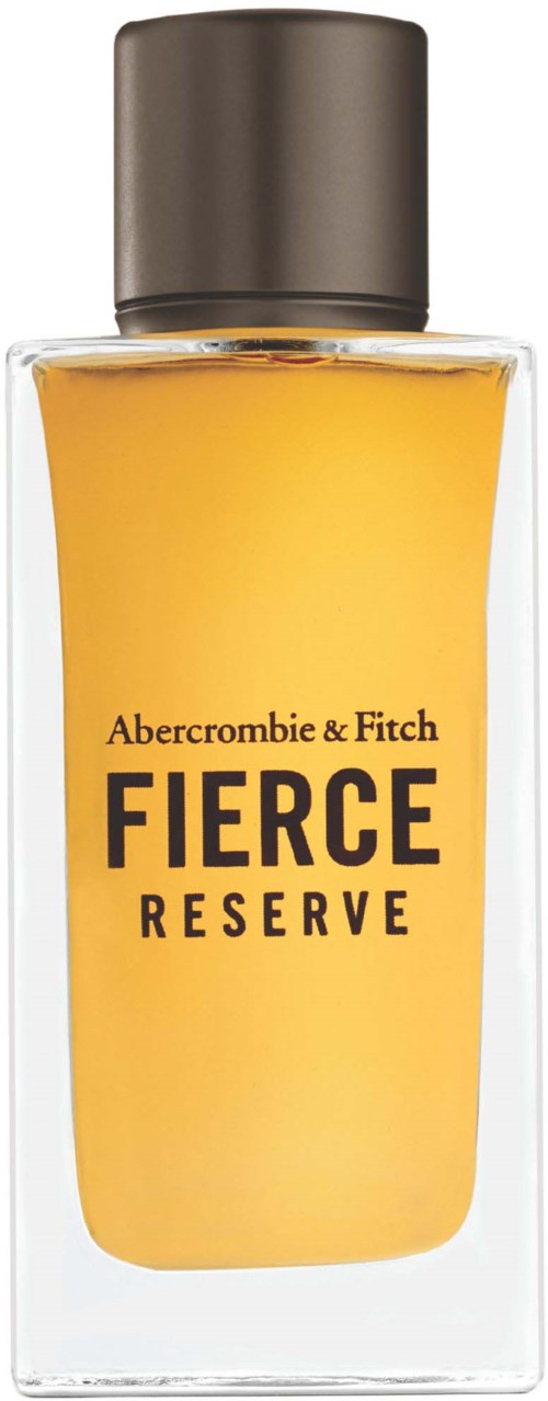 Een lange, doorzichtige fles met gele vloeistof en een grijze dop. Op de fles staat "Abercrombie & Fitch FIERCE RESERVE".