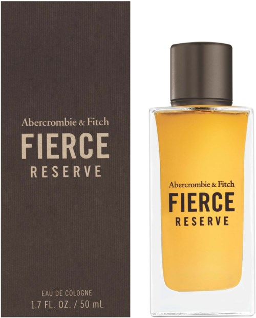Een flesje gele parfum naast een donker doosje met de woorden Fierce Reserve door Abercrombie & Fitch.