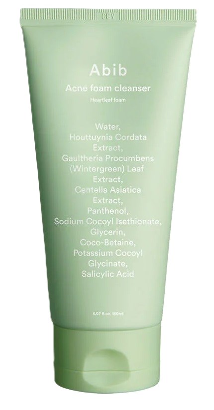 Een groene tube met 'Abib Acne foam cleanser' en ingrediëntenlijst.