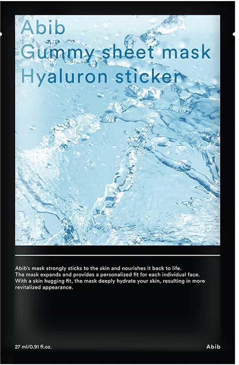 Blauwe achtergrond met waterdruppels, tekst over hyaluronisch sheet mask, 27 ml, merk Abib.