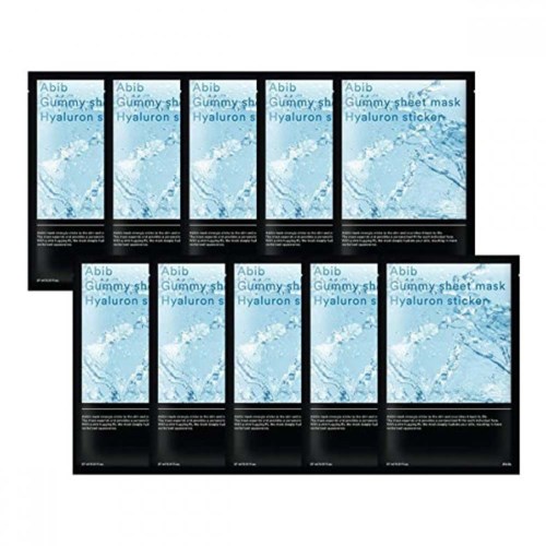 Een set huidverzorgingsproducten met tekst over hyaluron sheet masks en stickers, gerangschikt in twee rijen.