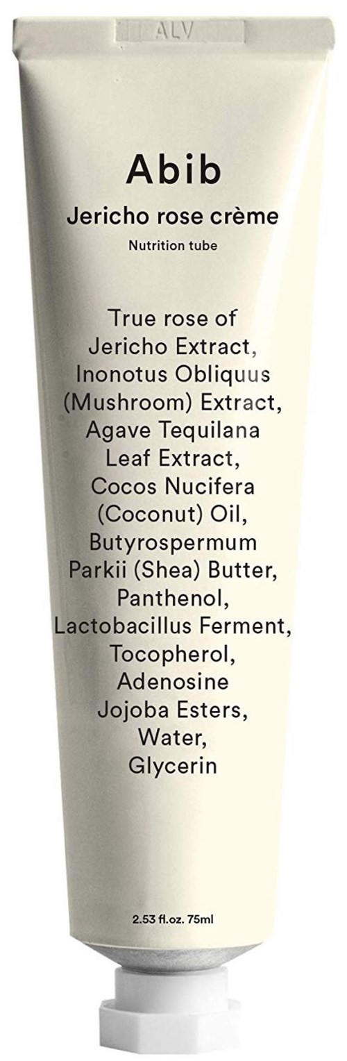Een witte tube met 'Abib Jericho Rose Crème' en ingrediëntenlijst met rosextract en kokosolie.