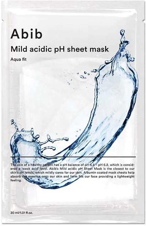 Een wit pakketje met 'Abib' biedt een milde zure pH-bladmasker met waterdruppelafbeelding.