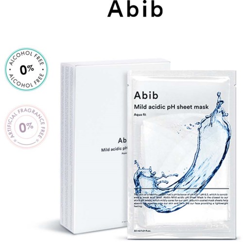 Een doos en twee zakjes met Abib milde zuurgraad pH-bladmasker, met waterdruppel-illustraties en zachte kleuren.