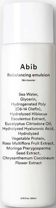 Een witte fles met een label dat ingrediënten zoals zeewater, glycerine, honing en bloemextracten toont.