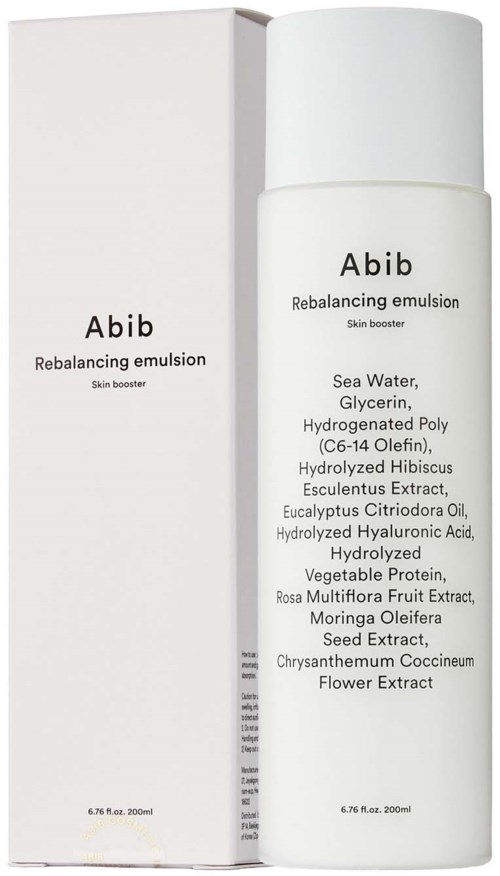 Een wit flesje en doos van Abib Rebalancing Emulsion, een huidverzorgingsproduct voor huidversterking.
