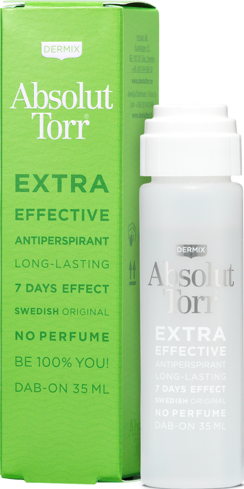 En vit roll-on deodorantflaska bredvid en grön förpackning med produktdetaljer i vitt och grönt.