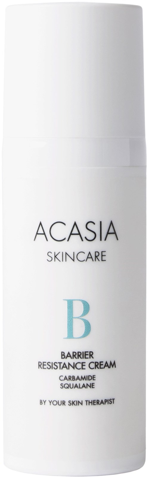 Een witte huidverzorgingsflesje met label 'ACASIA SKINCARE BARRIER RESISTANCE CREAM' met ingrediënten zoals carmamide en squalane.